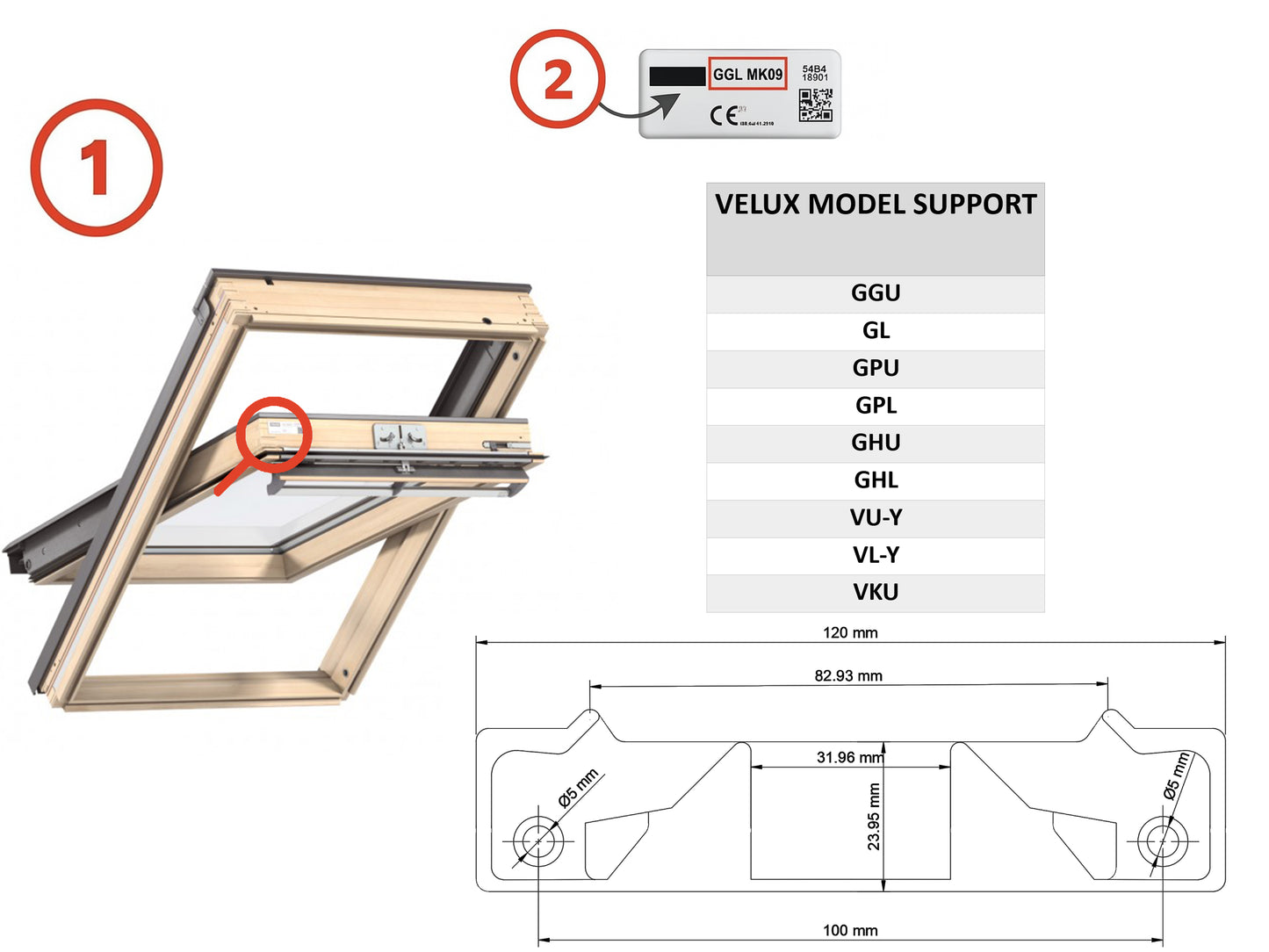 Supporto Chiusura Centrale Compatibile Velux GGU GGL GPU GPL GHU GHL VKU VU-Y VL