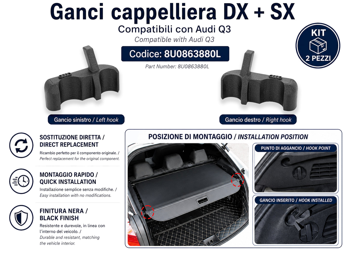 Ganci Cappelliera Compatibili con Audi Q3 - Ricambio Kit 2 Pezzi