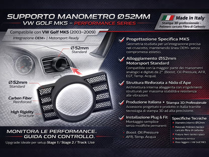 Supporto Porta Manometro 52 mm per Volkswagen Golf e Jetta MK5 – Inserto Bocchetta Aria Lato Guidatore, Stampato in 3D rinforzato con fibra di carbonio, Finitura Nera - LavaLayer