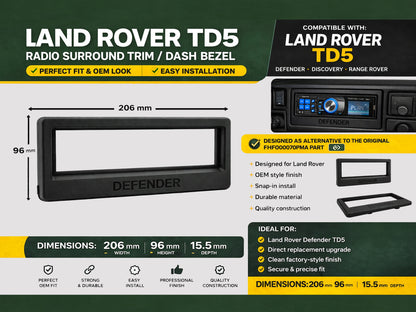 Cornice Radio Surround per Land Rover Defender TD5 - Mascherina Cruscotto Dash Bezel Compatibile con FHF000070PMA - Finitura OEM Style con Logo Defender - Stampa 3D Alta Qualità (Nero) - LavaLayer