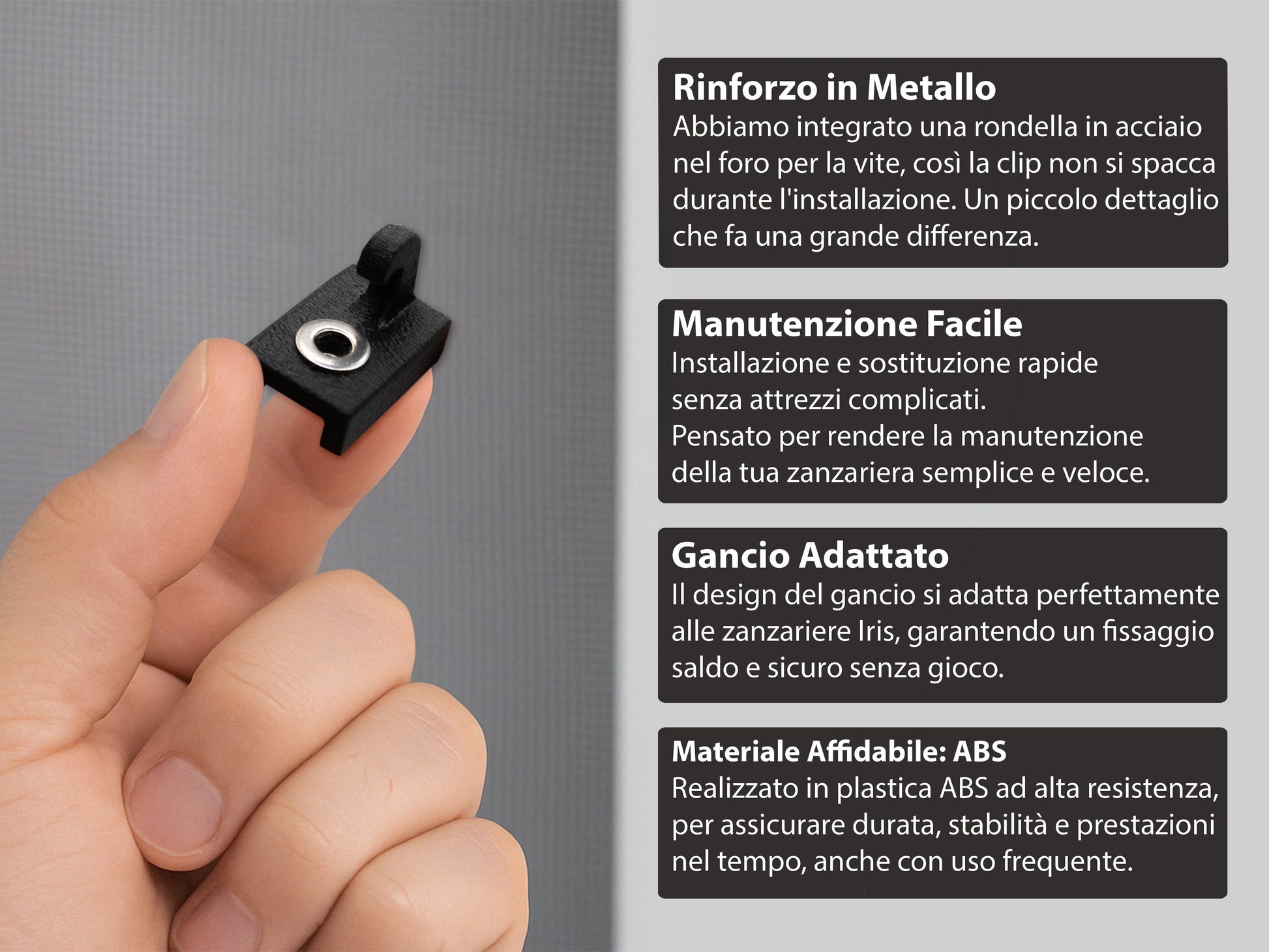 Set 2 Clip Antinfortunistica per Zanzariere Iris A Scorrimento – Plastica ASA con Fibra di Carbonio, Rinforzato con Rondella in Acciaio – Gancio per Installazione Sicura e Duratura LavaLayer 