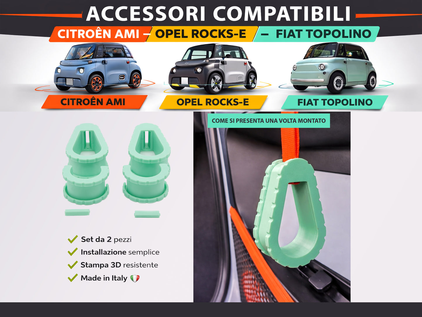 Set 4 Maniglie Interne (Guidatore e Passeggero) per Citroen Ami, Fiat Topolino e Opel Rocks-e - LavaLayer