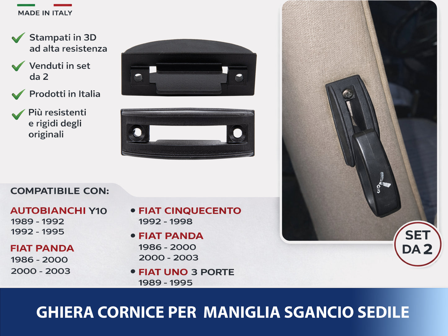 Coppia Ghiere Cornici Maniglia Sgancio Sedile per Fiat Panda, Uno, Cinquecento, Y10 - Stampa 3D Alta Resistenza (Set 2 Pezzi DX/SX) - LavaLayer