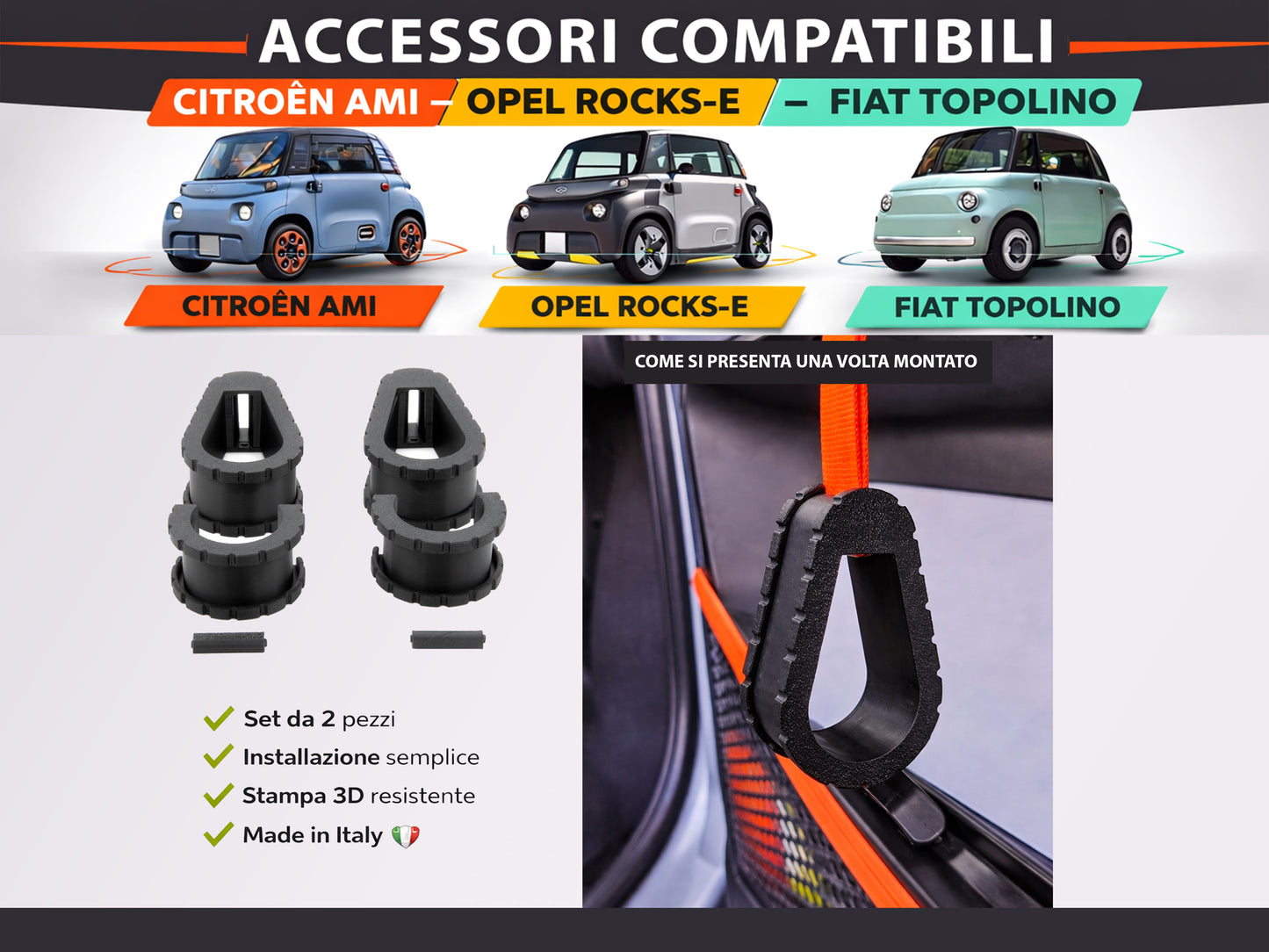 Set 4 Maniglie Interne (Guidatore e Passeggero) per Citroen Ami, Fiat Topolino e Opel Rocks-e - LavaLayer