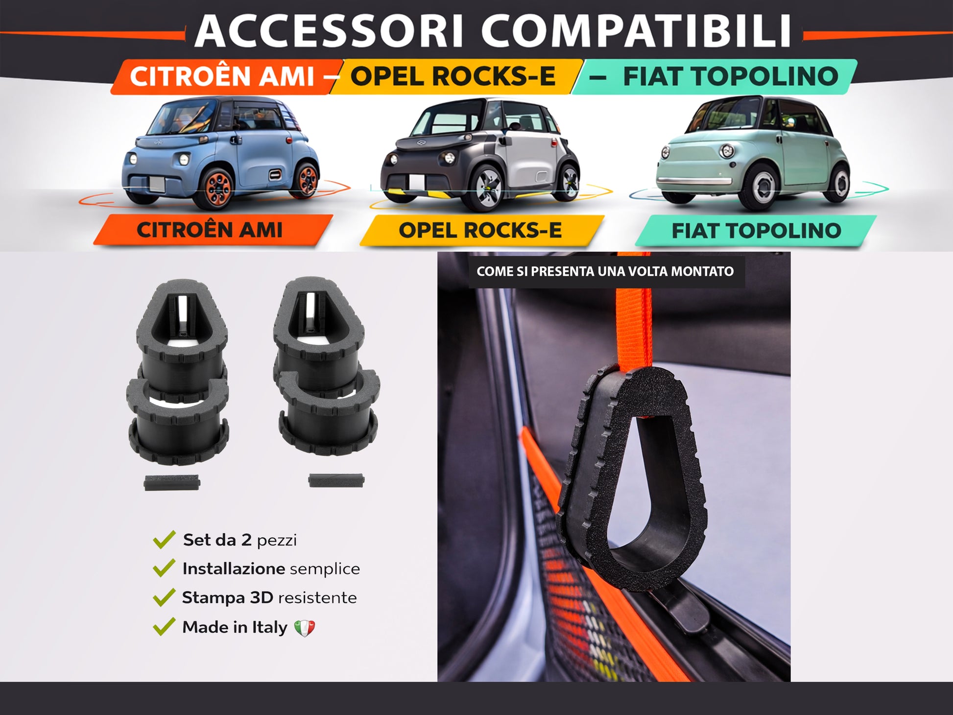 Set 4 Maniglie Interne (Guidatore e Passeggero) per Citroen Ami, Fiat Topolino e Opel Rocks-e - LavaLayer