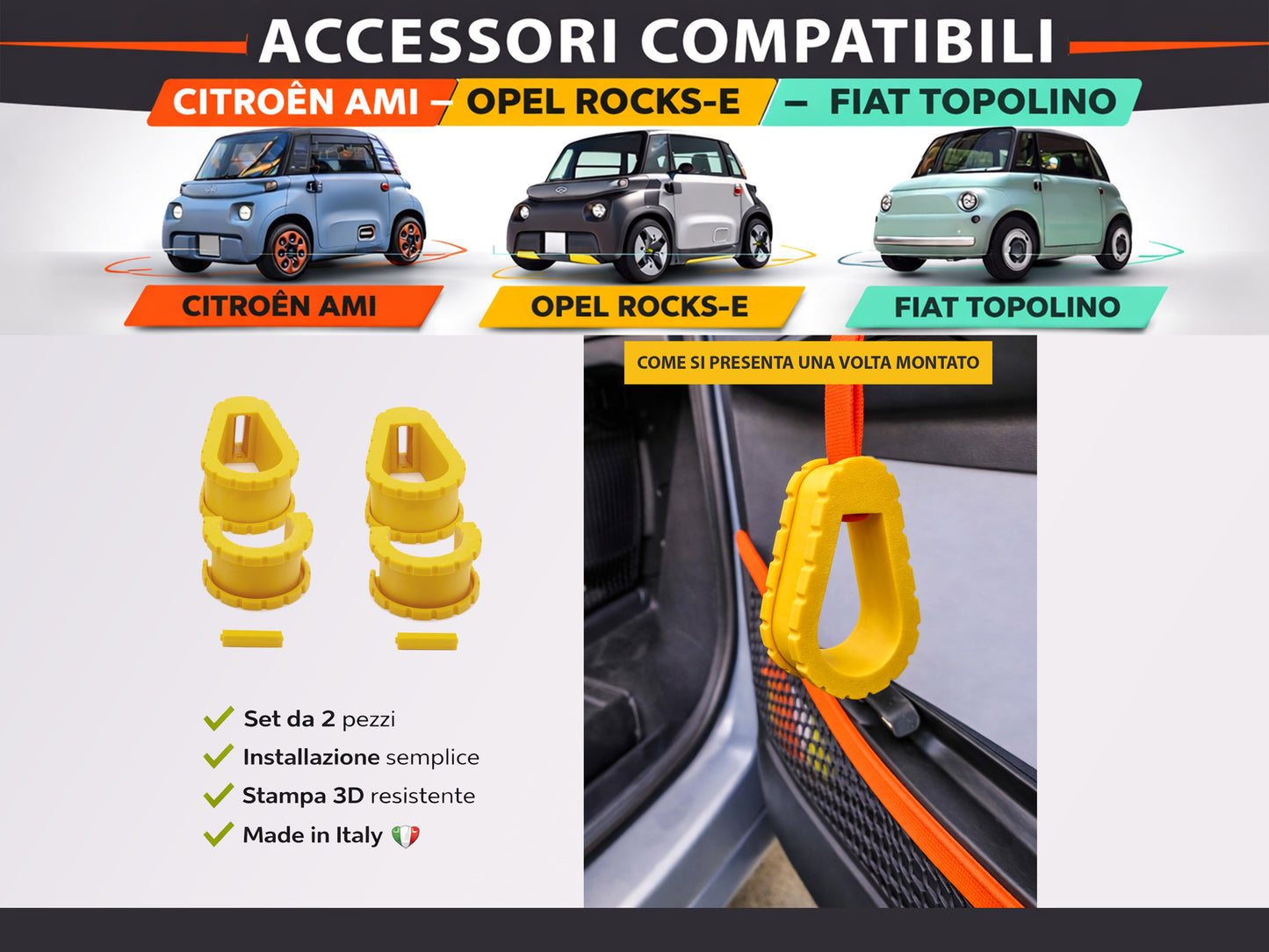 Set 4 Maniglie Interne (Guidatore e Passeggero) per Citroen Ami, Fiat Topolino e Opel Rocks-e - LavaLayer