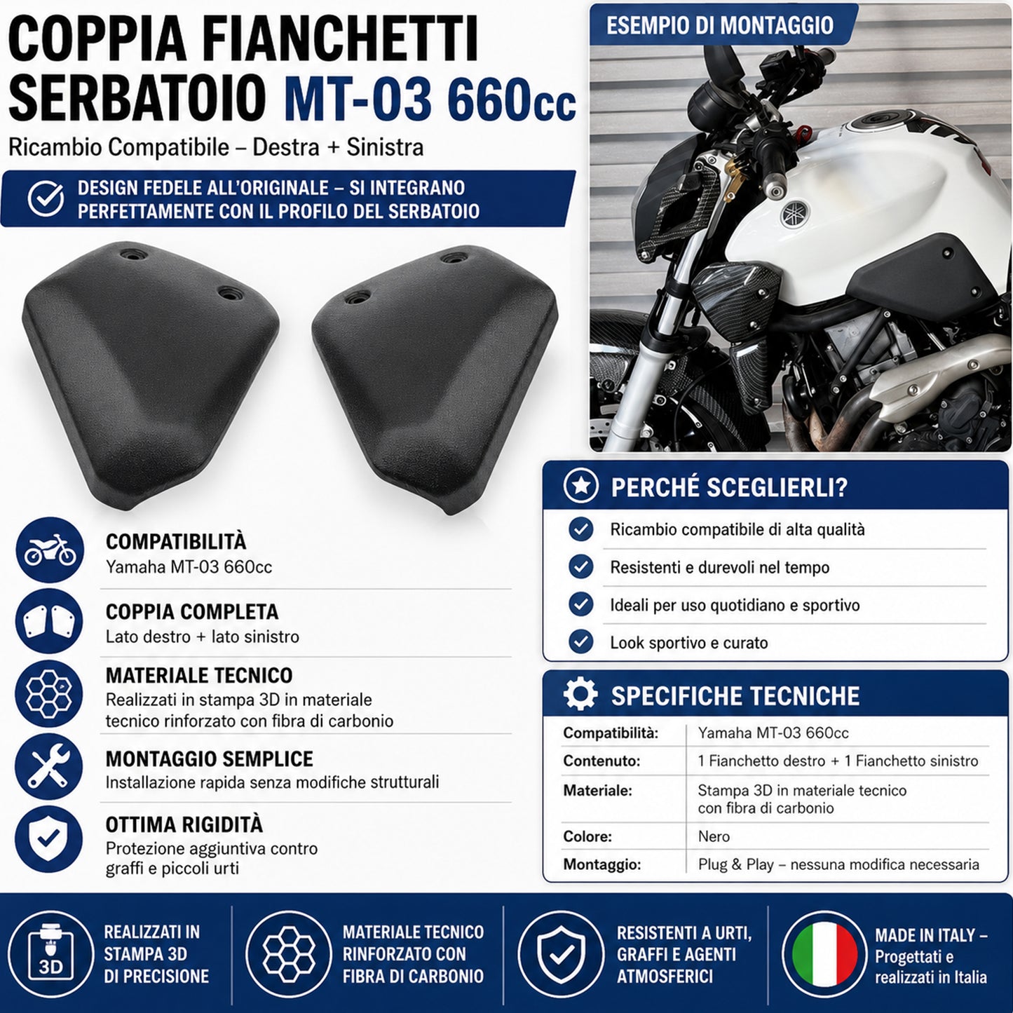 Coppia Fianchetti Laterali Serbatoio compatibili con Yamaha MT-03 660 (2006-2014) in Materiale Tecnico Rinforzato con Fibra di Carbonio, Nero - 2 Pezzi