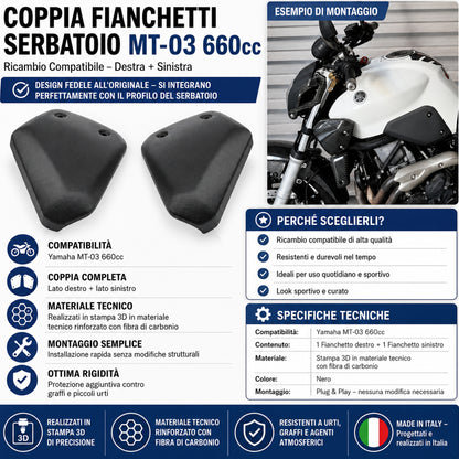 Coppia Fianchetti Laterali Serbatoio compatibili con Yamaha MT-03 660 (2006-2014) in Materiale Tecnico Rinforzato con Fibra di Carbonio, Nero - 2 Pezzi