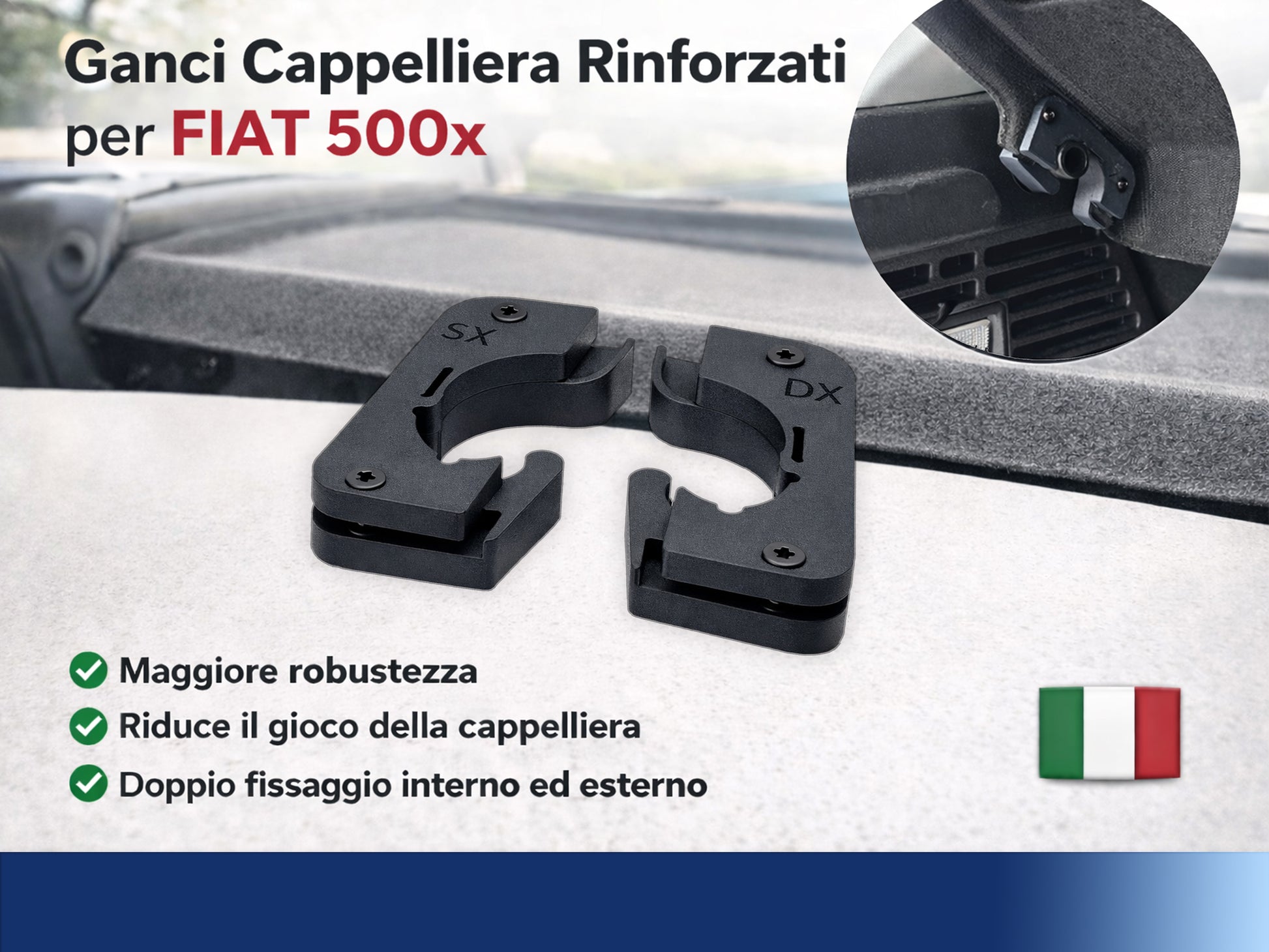 Coppia Ganci Cappelliera Rinforzati per FIAT 500x (SX DX) - Set 2 Pezzi Stampati in 3D con Viti Incluse - Molto più Robusti e Spessi degli Originali, Neri, Anti-rottura - LavaLayer